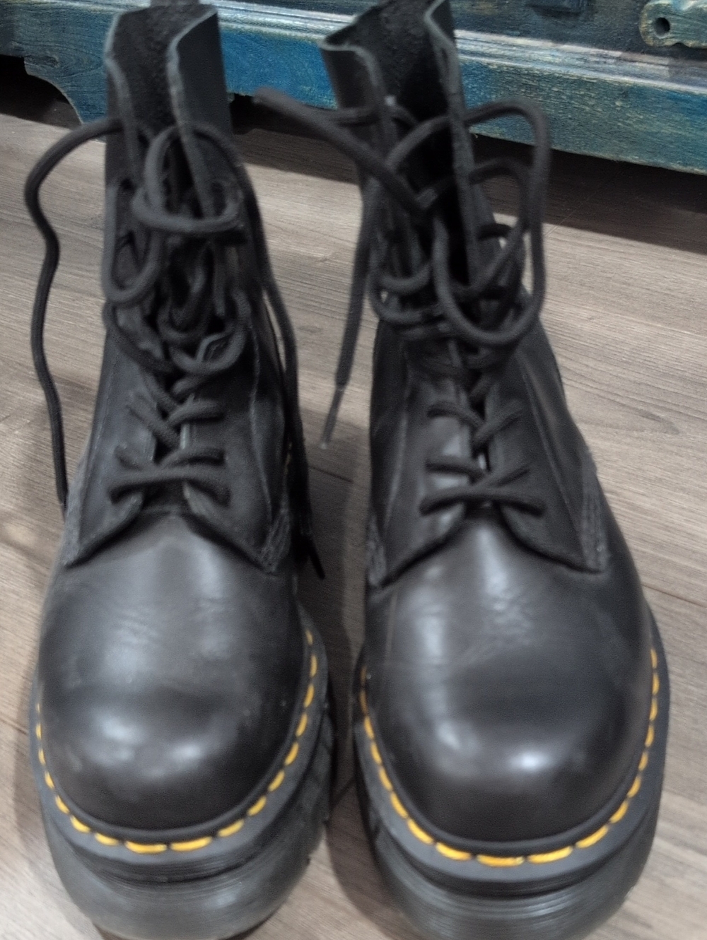 Dr. Martens Black Leather Lace-Up Boots with Yellow Stitching